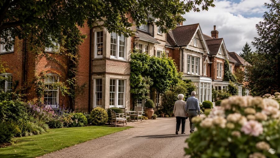 A red-brick care home with mature gardens and residents strolling the grounds