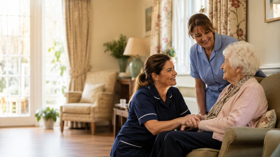 Two carers attending to a resident in a comfortable lounge